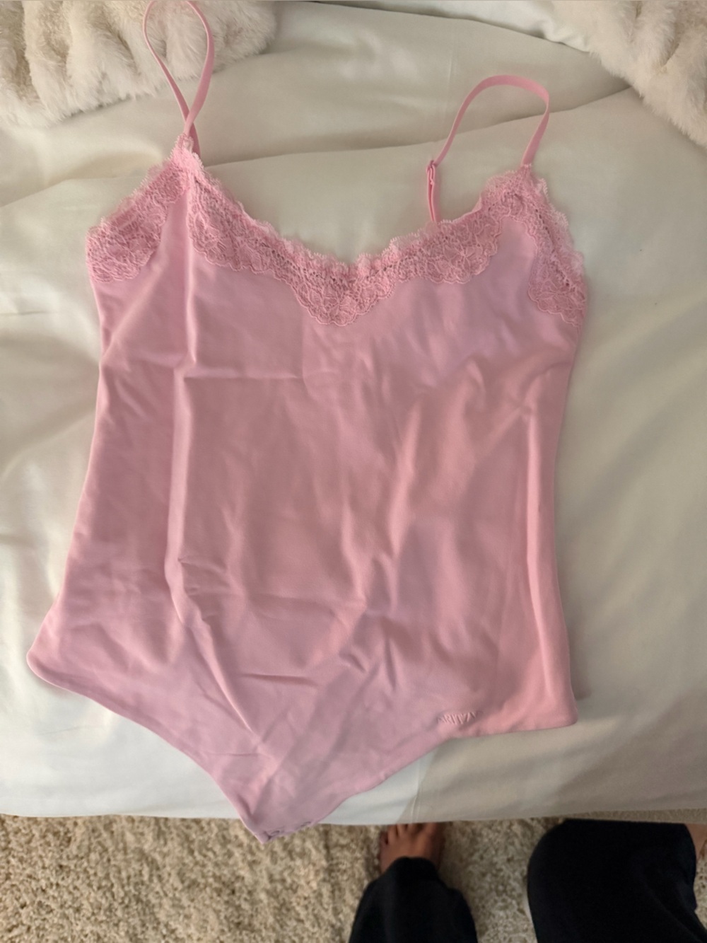 Aritzia Pink Lace-Trim Asymmetrical Camisole Bodysuit